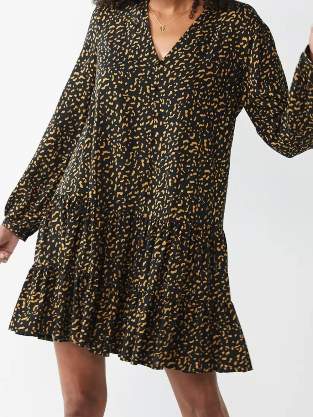 Nine West Black Dress with Mustard Spot Print - V-Neck Tiered Long Sleeve